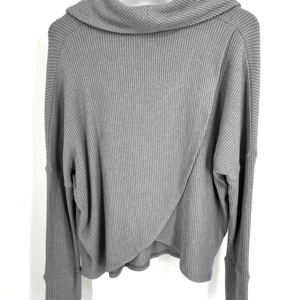 Lucky Brand Size Large Cowl Neck Ribbed Sweater Knit Top Gray Crossover Back NEW